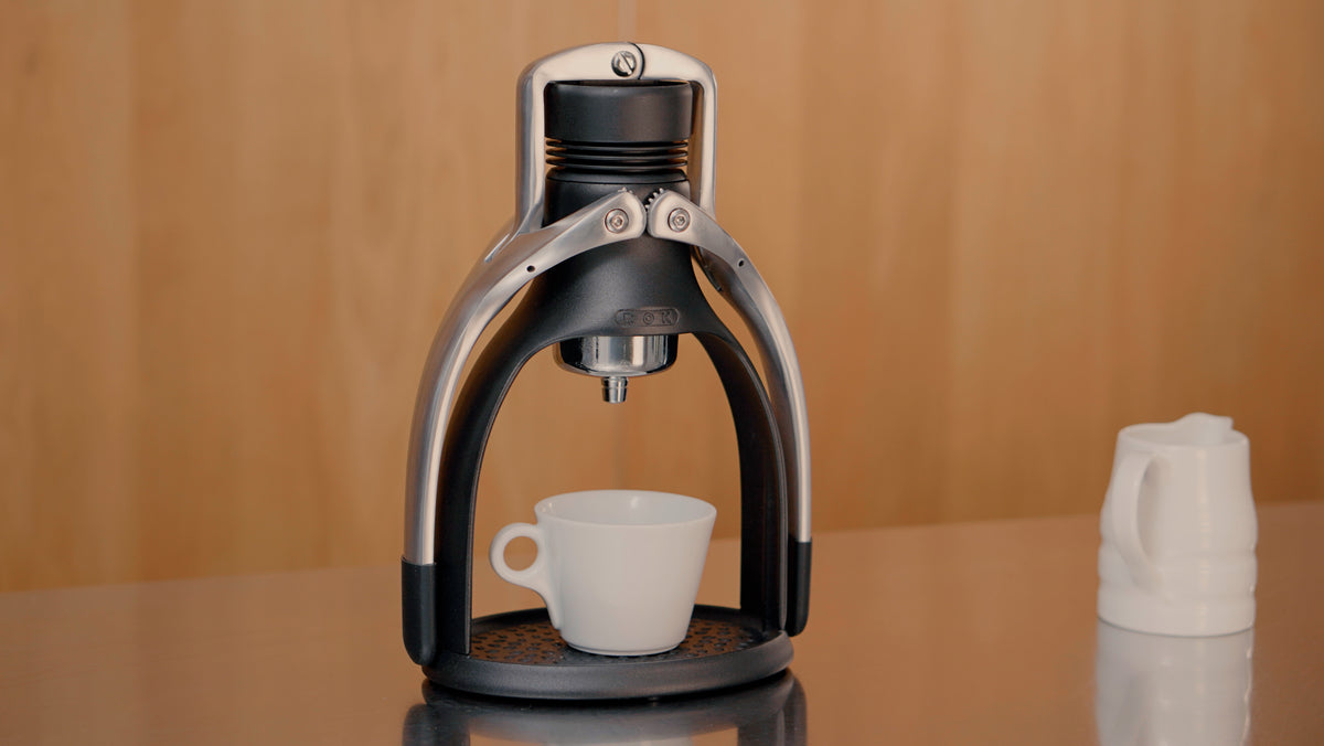ROK USA lifestyle view of the current EspressoGC Black PLUS dual-arm lever